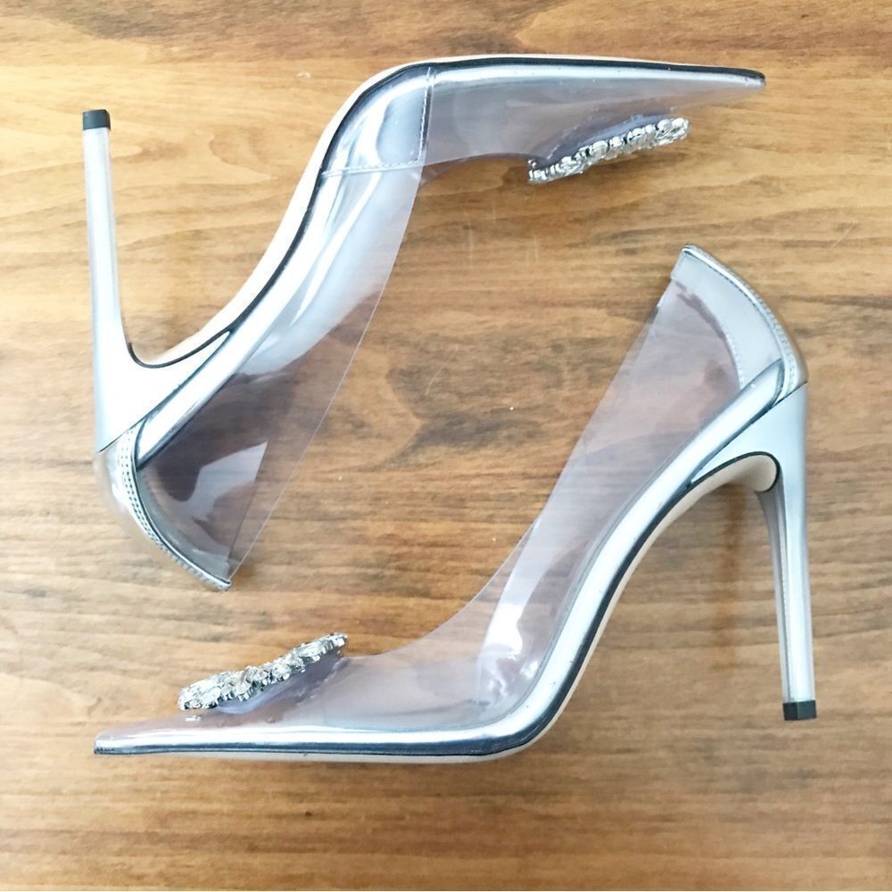 New GOOD AMERICAN CLEAR Silver Heels - Picture 8 of 13